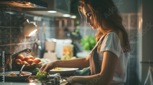 Woman preparing food in a kitchen. Suitable for cooking and food-related projects