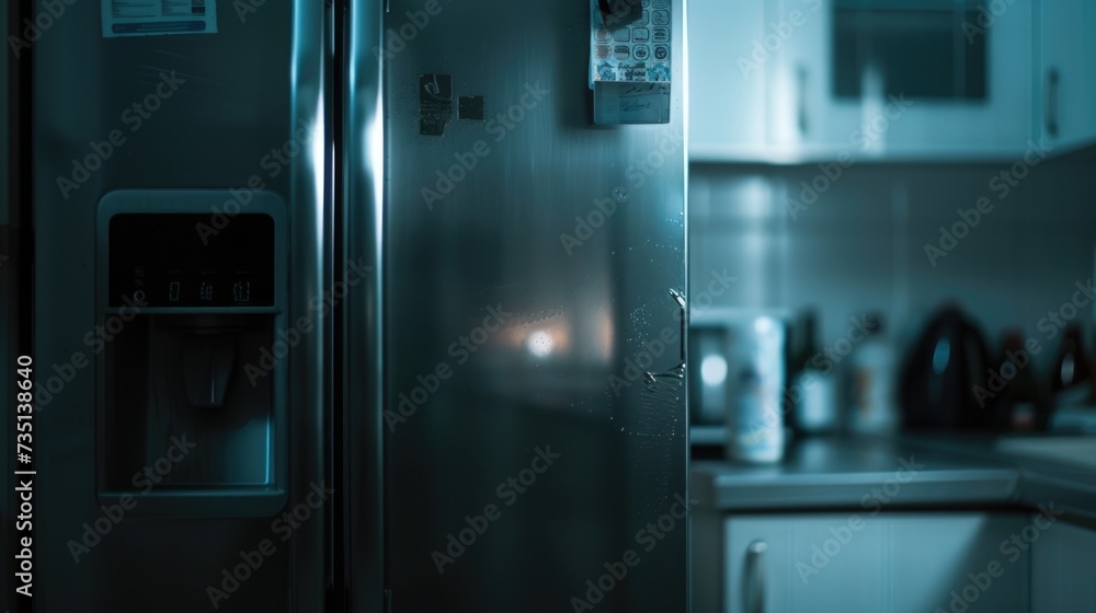 A metallic refrigerator placed in a kitchen next to a counter. Suitable for home and kitchen-related themes A metallic refrigerator placed in a kitchen next to a counter. Suitable for home and kitchen-related themes