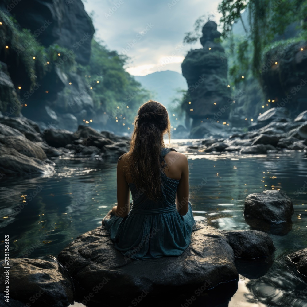 woman is sitting with her back to river among the mountains, physical health, wellness exercise,  inner happiness,  reducing stress concept. square