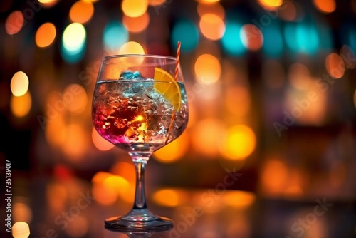 Close-up cocktail glass vintage bar bokeh light. Generative AI