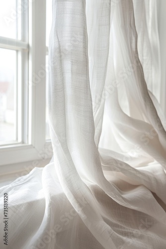 A white curtain hanging in front of a window. Can be used to create a soft and airy atmosphere in interior design