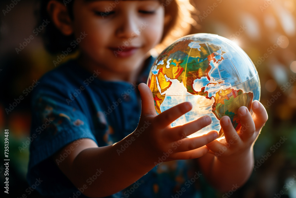 small children's hands holding the luminous globe small children's hands holding the luminous globe