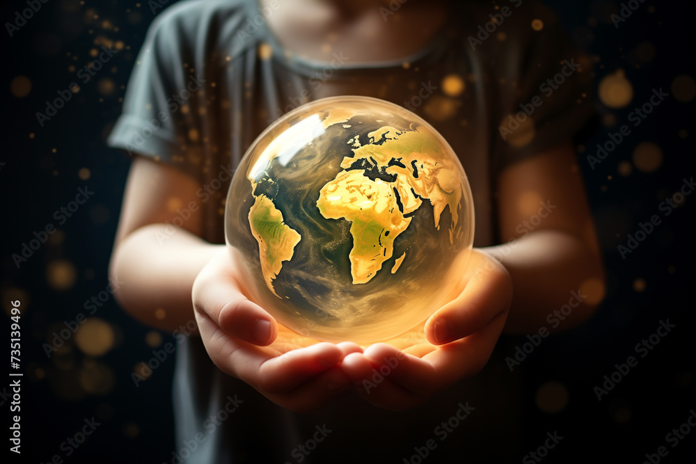 Fototapeta premium small children's hands holding the luminous globe