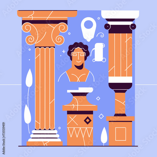 Exhibition, classics and antiquity. Vector illustrations of abstract shapes, ancient greek column, ancient ruins, goddess sculpture and bust for bac
