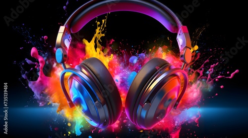 Headphones over Neon splashing wih vibrant colours, dynamic music blaster
 photo