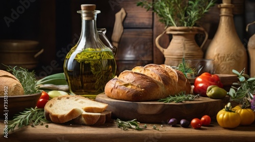 bread, olive oil and vegetable in the kitchen