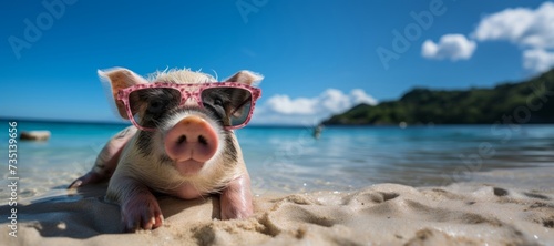 Funny pig with sunglasses taking a sunbath at a beach © raquel
