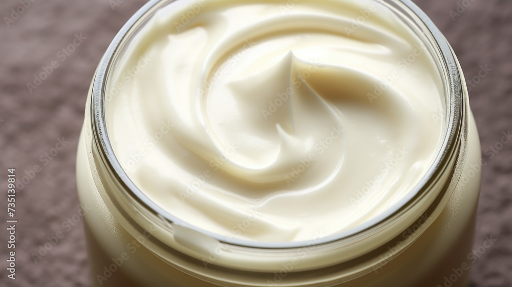 A jar of cream sitting on top of a table. Perfect for beauty and skincare concepts A jar of cream sitting on top of a table. Perfect for beauty and skincare concepts