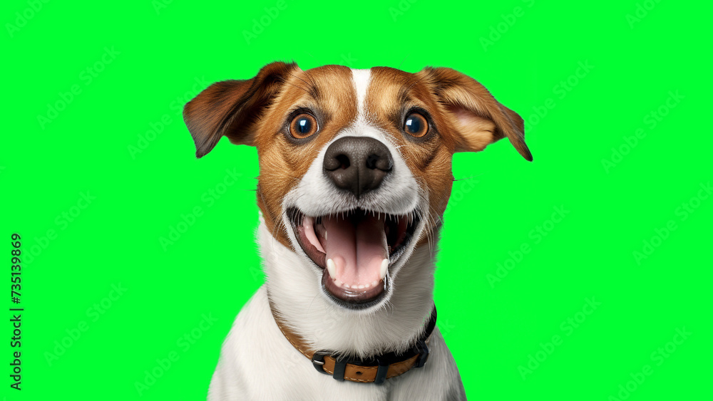 Portrait photo of smiling Jack Russell Terrier on green background