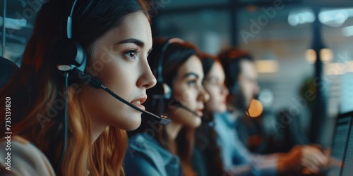 Women wearing headsets in a call center. Suitable for business communication and customer service concepts