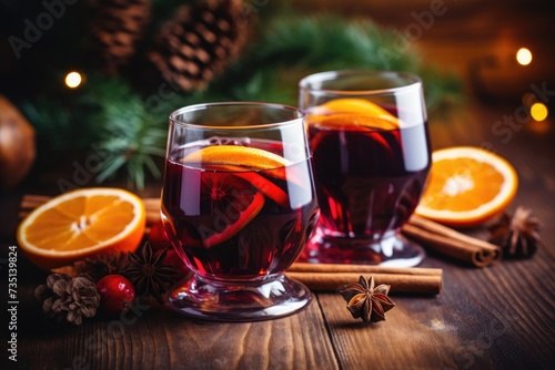 Two glasses of red wine with orange slices and cinnamon. Perfect for a cozy evening or a holiday celebration