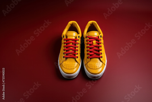 Noname yellow Sports sneakers on studio background with developing laces. Side view, close-up.