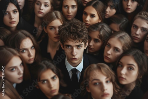 A man standing amidst a large group of women. This image can be used to depict concepts of popularity, attraction, social dynamics, or gender dynamics