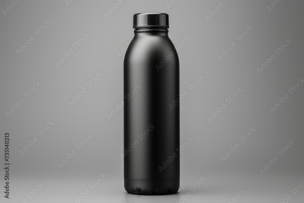 A black water bottle is pictured on a gray background. Suitable for promoting hydration and fitness products A black water bottle is pictured on a gray background. Suitable for promoting hydration and fitness products