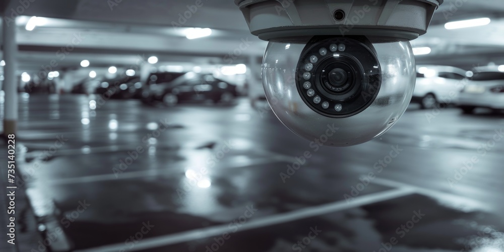 A surveillance camera capturing activity in a parking garage. Perfect for enhancing security and monitoring in parking facilities A surveillance camera capturing activity in a parking garage. Perfect for enhancing security and monitoring in parking facilities