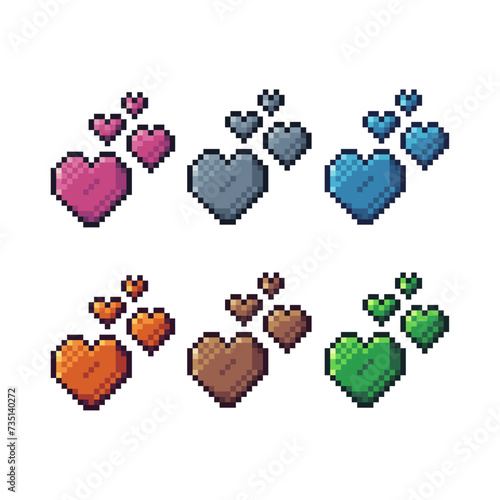 Pixel art sets icon of heart in variation color.Heart icon on pixelated style. 8bits perfect for game asset or design asset element for your game design. Simple pixel art icon asset.