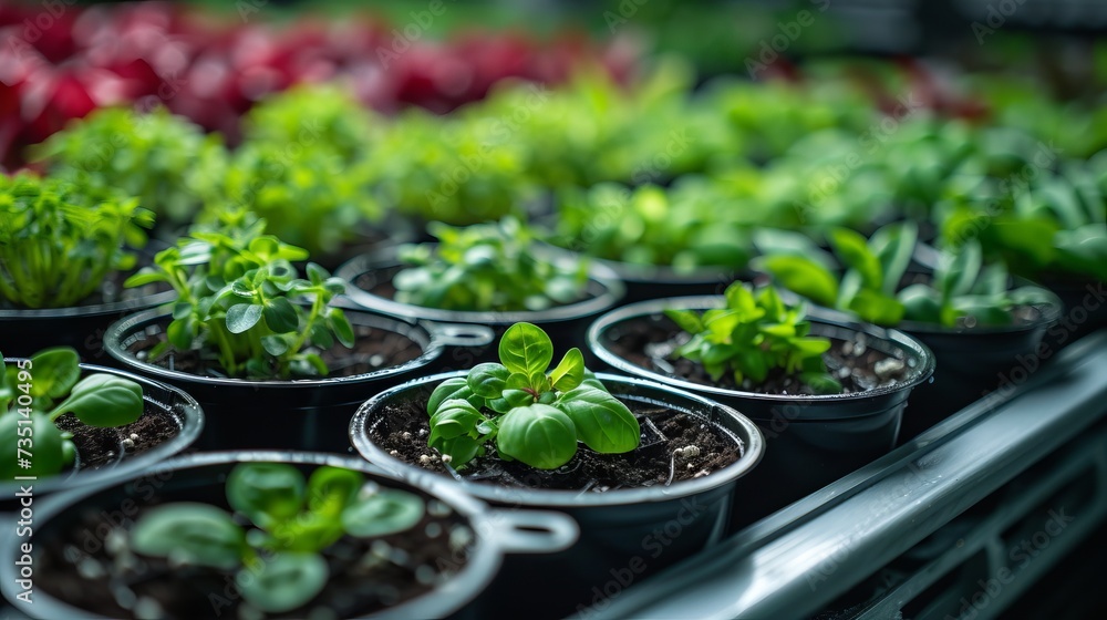Indoor farm with rows of seedlings of herbs and vegetables under LED ...