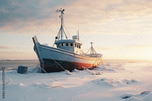 A boat sitting in a snowy landscape. Can be used to depict winter activities or abandoned objects in harsh weather