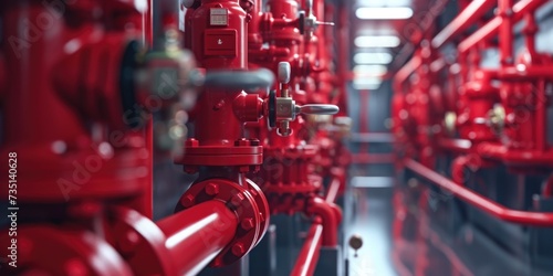 A collection of red pipes and valves in a room. Suitable for industrial and plumbing-related themes