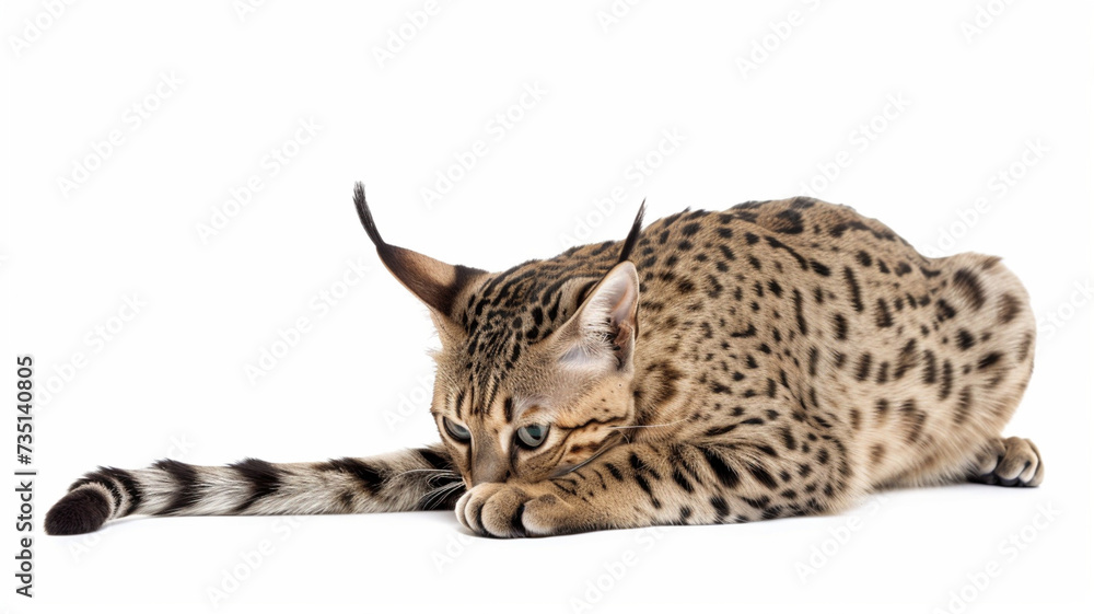 Naklejka premium Savannah cat in a predatory crouch 