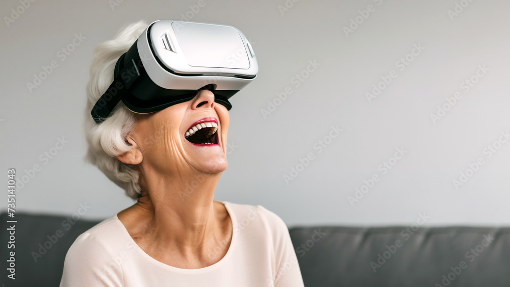 senior citizen woman with a white gray beard uses virtual reality glasses senior citizen woman with a white gray beard uses virtual reality glasses