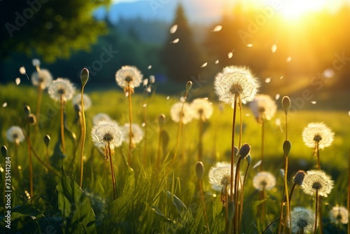 Sunlit dandelions swaying in a meadow. Lush and vivid seasonal scenery. Generative AI