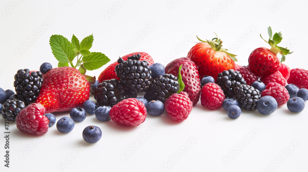 A bountiful selection of fresh, vibrant fruits are scattered artfully on the pristine white background A bountiful selection of fresh, vibrant fruits are scattered artfully on the pristine white background