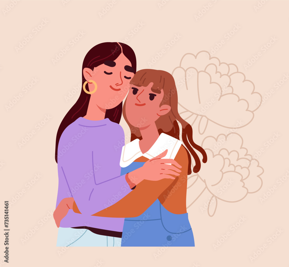 Happy Mothers day poster. Woman with kid, mom with daughter. Greeting postcard template. Sticker for social networks. Cartoon flat vector illustration isolated on beige background Happy Mothers day poster. Woman with kid, mom with daughter. Greeting postcard template. Sticker for social networks. Cartoon flat vector illustration isolated on beige background