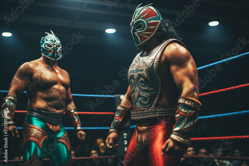 Two masked Lucha libre wrestlers in the ring photo