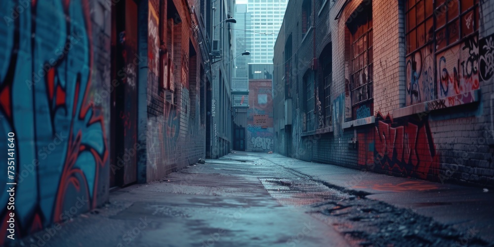 An image of a narrow alley filled with vibrant graffiti on the walls. Perfect for urban or street art concepts