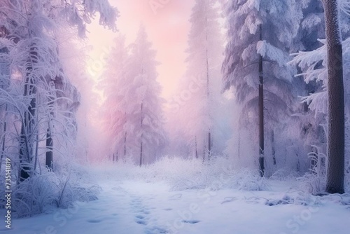 Winter forest landscape with pink and blue fog and snow-covered trees. Generative AI © Harper