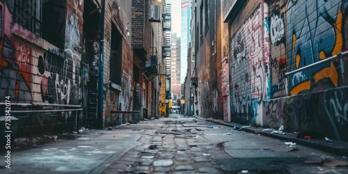 An image of a narrow alley with vibrant graffiti covering the walls. This picture can be used to depict urban street art or to create an edgy and colorful atmosphere in design projects © Fotograf