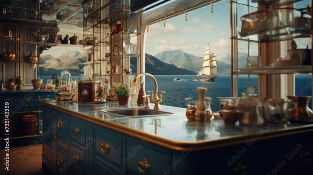 Obraz premium A kitchen with a large window providing a stunning view of the ocean. Perfect for beachfront homes and coastal living