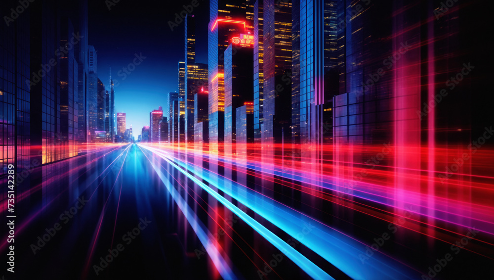 Abstract cityscape highway and neon lights. Futuristic motion in modern urban downtown, speed, technology, transportation, blurred motion, skyscraper skylines, illuminated scenes