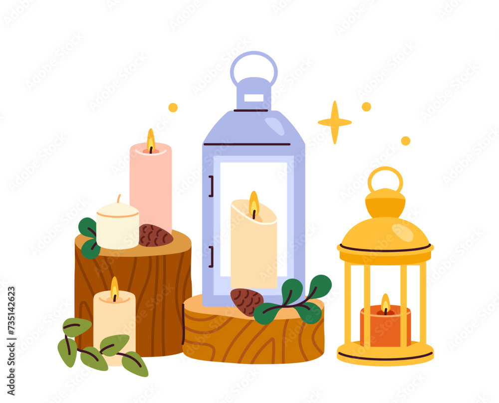 Hygge decor element concept. Colorful candles. Comfort and coziness. Christmas and New Year. Graphic element for website. Cartoon flat vector illustration isolated on white background