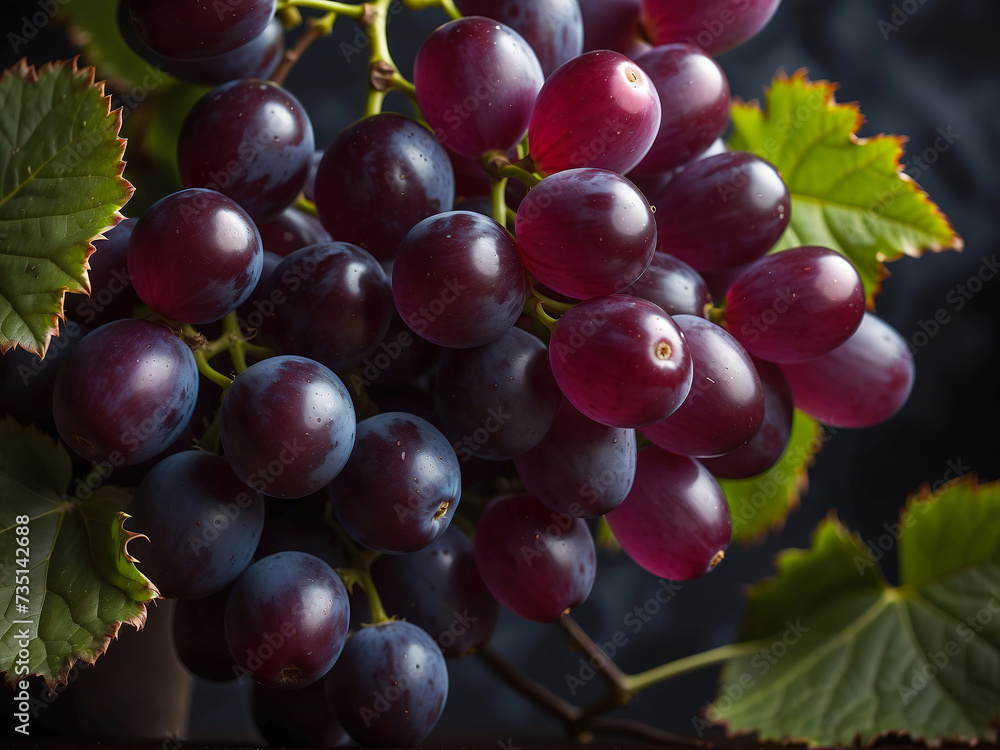 Fototapeta premium Pink grapes Generative AI. A bunch of pink grapes with leaves on a dark background. Pink grapes on a background of green leaves. AI illustration