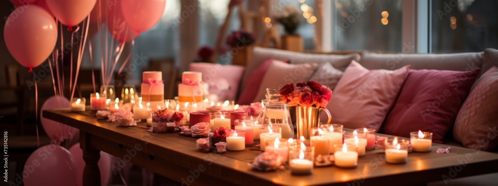 aesthetic idea party concept. set table for the celebration with plates and decorations. banner