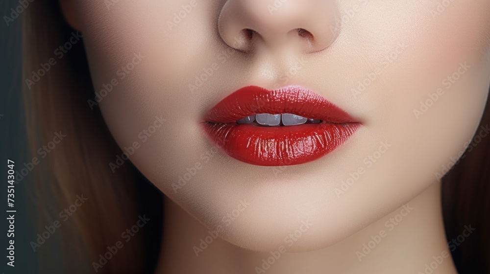 Obraz premium A close up of a woman's face with vibrant red lipstick. Perfect for beauty or fashion-related projects
