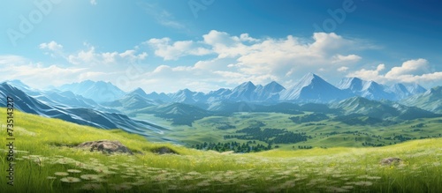 nature in the open field reflects peace and tranquility a very quiet field mountains and plants ideal for relaxing. Creative Banner. Copyspace image