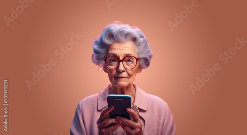 Mulher idosa com um Smartphone nas mãos acessando redes sociais. photo
