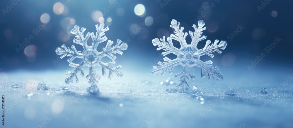 two delicate real snowflakes on a textured background of frost and ice crystals. Creative Banner. Copyspace image