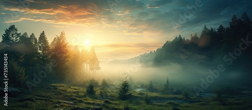 Misty morning with the rising sun over the forest. Creative Banner. Copyspace image