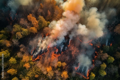 Aerial view of a mesmerizing forest fire. Generative AI