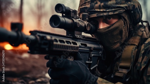 A man dressed in camouflage clothing holds a rifle in front of a crackling fire. This image captures the intensity and focus of a hunter or military personnel.