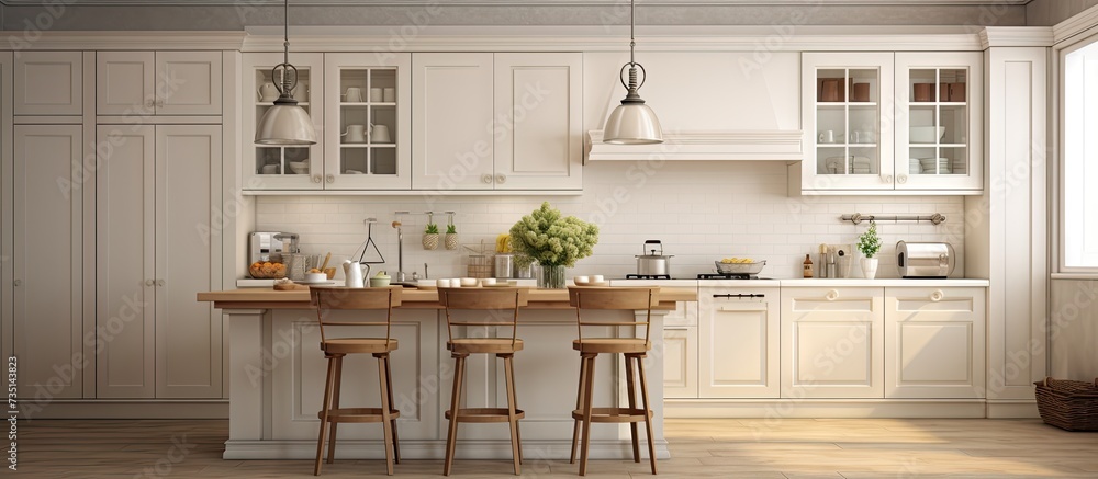 Neutral Color Palette Classic kitchens often use neutral colors such as whites creams beige and soft pastels creating a calm and inviting atmosphere. Creative Banner. Copyspace image