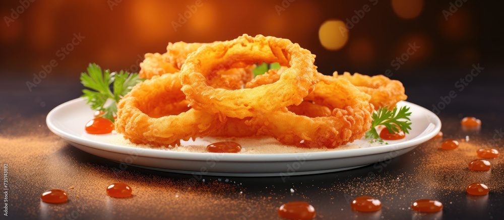 Plate of fried onion rings with ketchup and lemon. Creative Banner. Copyspace image Plate of fried onion rings with ketchup and lemon. Creative Banner. Copyspace image