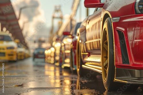 A row of cars parked on a wet street. Suitable for automotive and transportation themes