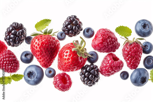 Falling wild berries mix with strawberries, blueberries and raspberries on a white background