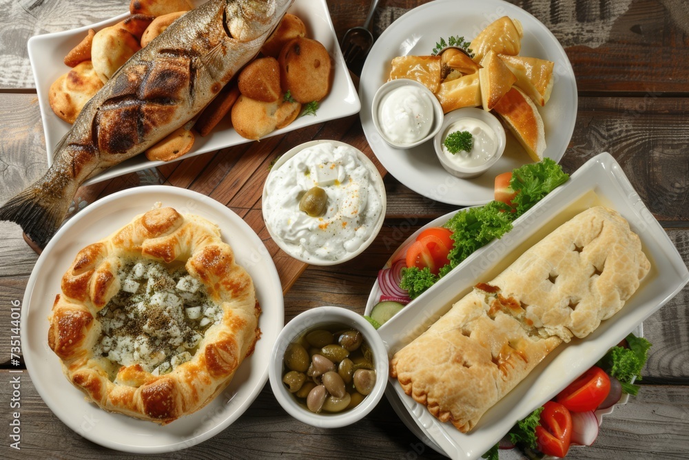 greek food, salad, meze, pie, fish, tzatziki, dolma