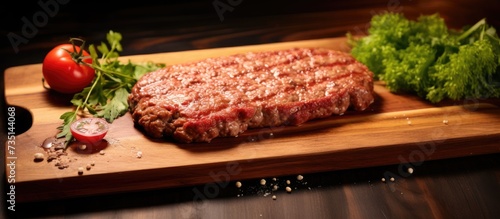 Raw cutlet of minced meat on a wooden cutting board. Creative Banner. Copyspace image